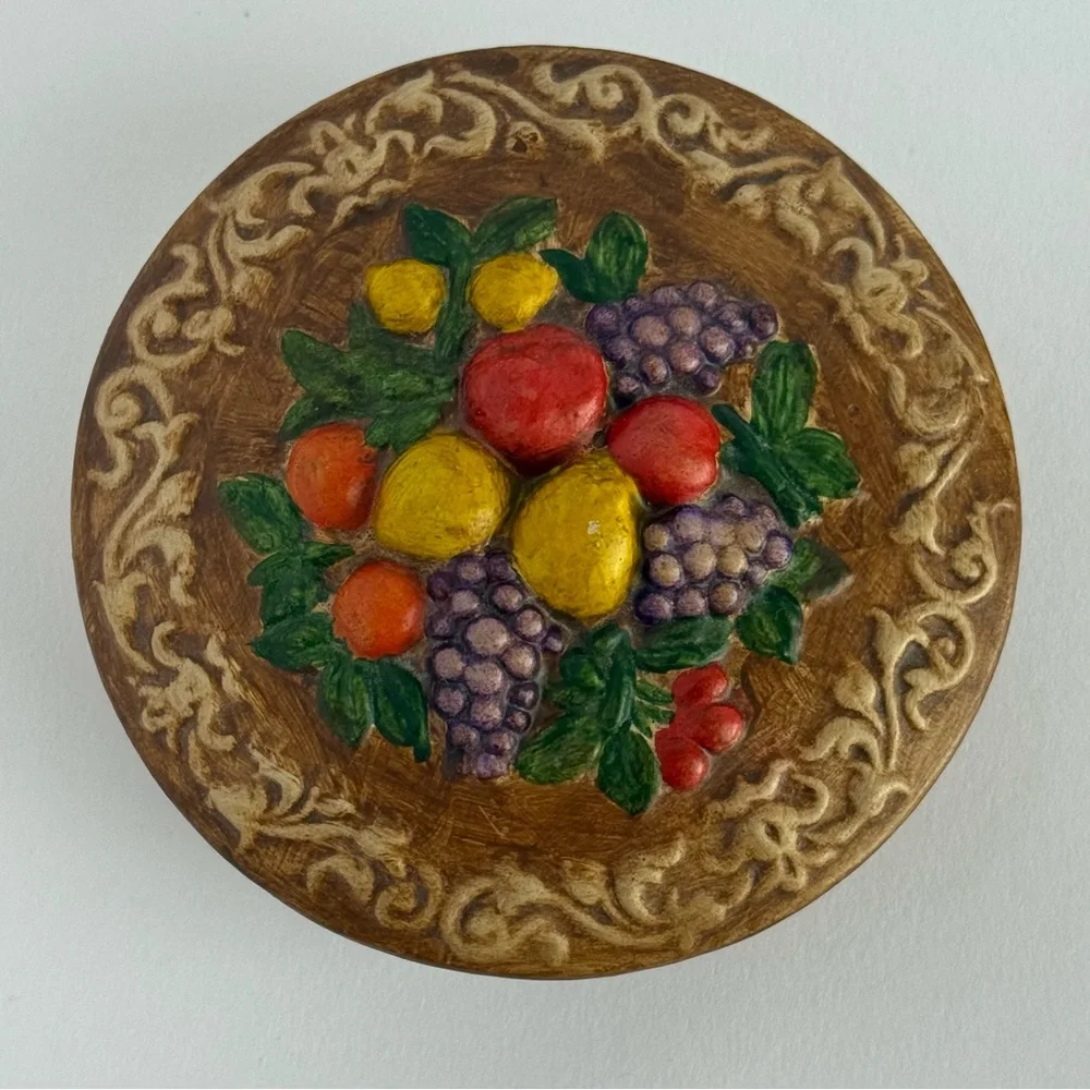 Vintage Sculpted & Hand Painted Ceramic Trinket Box Signed 1983 Fruit Design